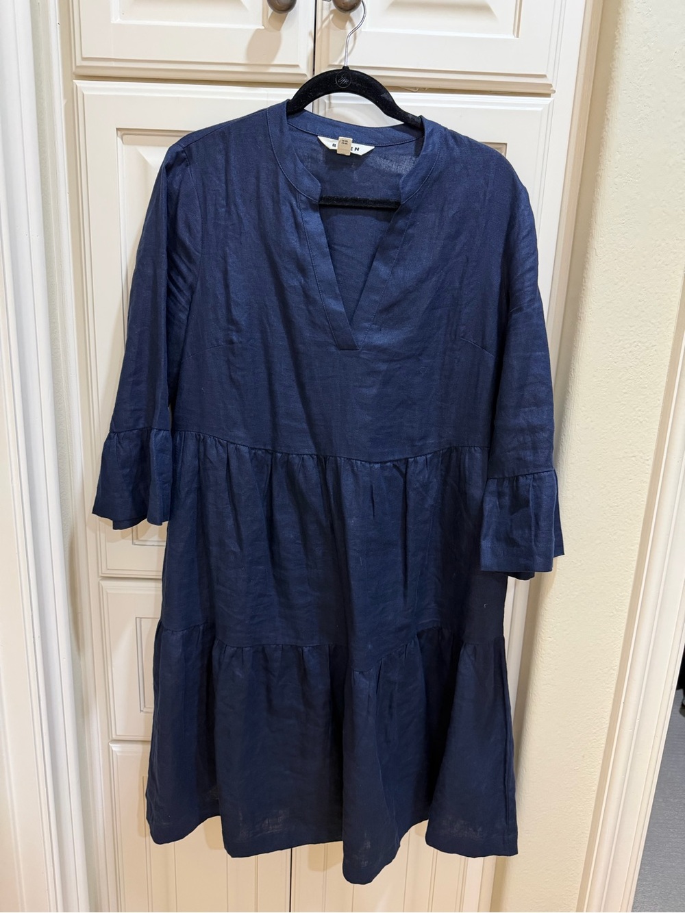 Boden Linen Navy V-Neck Tiered Midi Dress